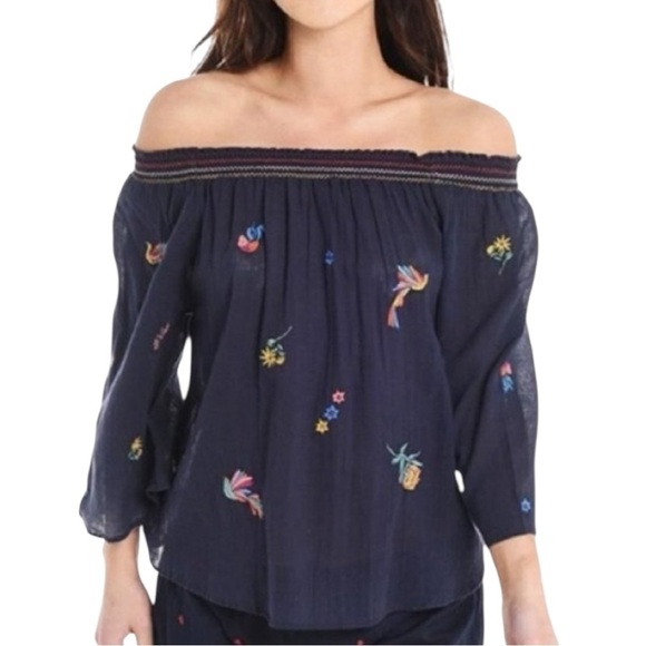 Sundry Embroidered Floral Off The Shoulder Dark Blue Top In Size 0 - Picture 1 of 9